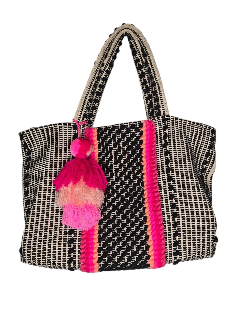 America & Beyond Woven Tote With Pom Pom Fringe